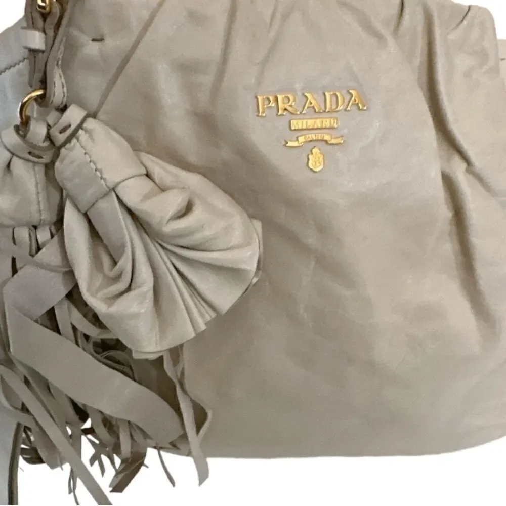 PRADA Vitello Two Way Hobo Beige Fringe Leather Bag - Picture 11 of 15